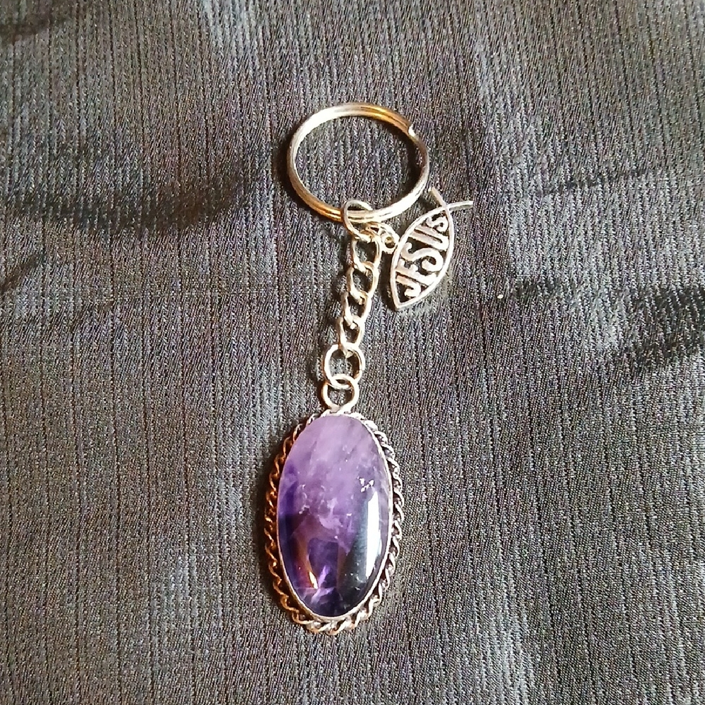 Amethsyt Purple Semi-Precious Gemstone Keychain with Silver Accents